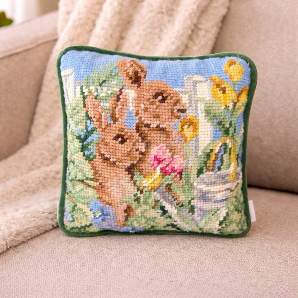 Vintage Needlepoint Bunny Rabbit Mini Throw Pillow Easter Cottagecore Garden NWT